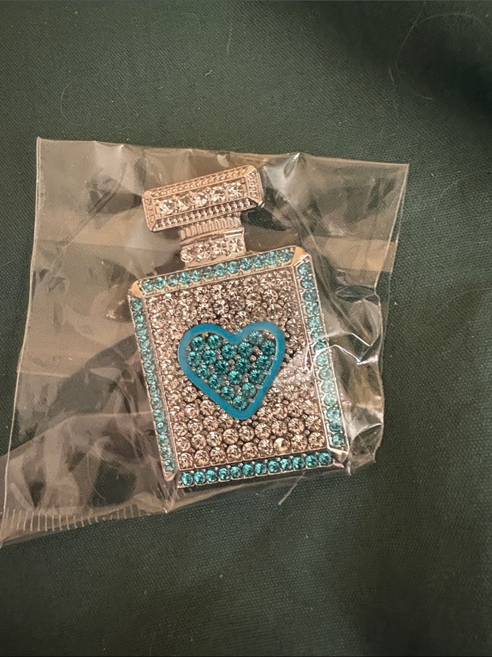 Crystal Perfume Bottle Brooch with Turquoise Heart Accent